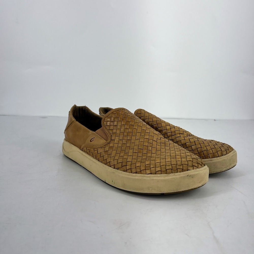 OluKai Lae'ahi Lauhala Mens 10 Woven Leather Slip On Sneakers Brown 10486-FXFX